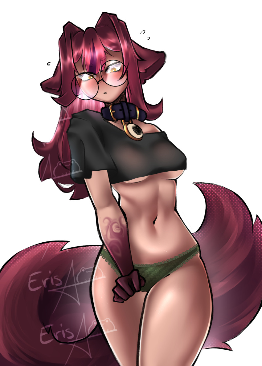 collar erisaconitum erisaconitum_(vtuber) female female_only glasses panties red_hair solo stripping tail tattoo thighs underboob underwear wolf_ears wolf_girl wolf_tail yellow_eyes