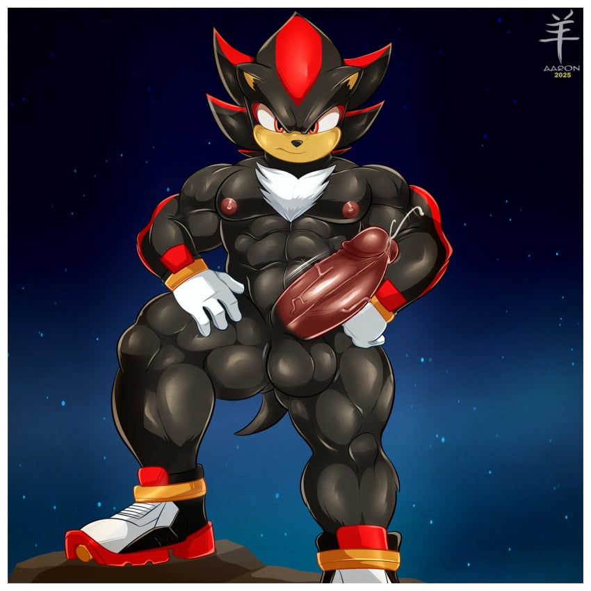 1:1 2025 4_fingers aaron_(artist) abs angry anthro balls big_balls big_muscles big_penis black_body bodily_fluids border chest_tuft clothing digital_media_(artwork) erection eulipotyphlan fingers footwear genital_fluids genitals gloves hands_on_hips handwear hedgehog hi_res humanoid_genitalia humanoid_penis male male_only mammal manly markings mostly_nude mostly_nude_male muscular muscular_anthro muscular_male night nipples pecs penis precum red_eyes red_markings sega shadow_the_hedgehog shoes sneakers solo sonic_(series) sonic_the_hedgehog_(series) star tuft vein veiny_penis watermark white_border