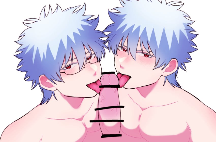 3boys bar_censor blush collaborative_fellatio dual_persona duo_focus erection fellatio gintama gintoki_sakata glasses licking_penis male male_only male_pov mmm_threesome official_alternate_costume oral penis pov red_eyes suisei_33 threesome tongue_out white_hair