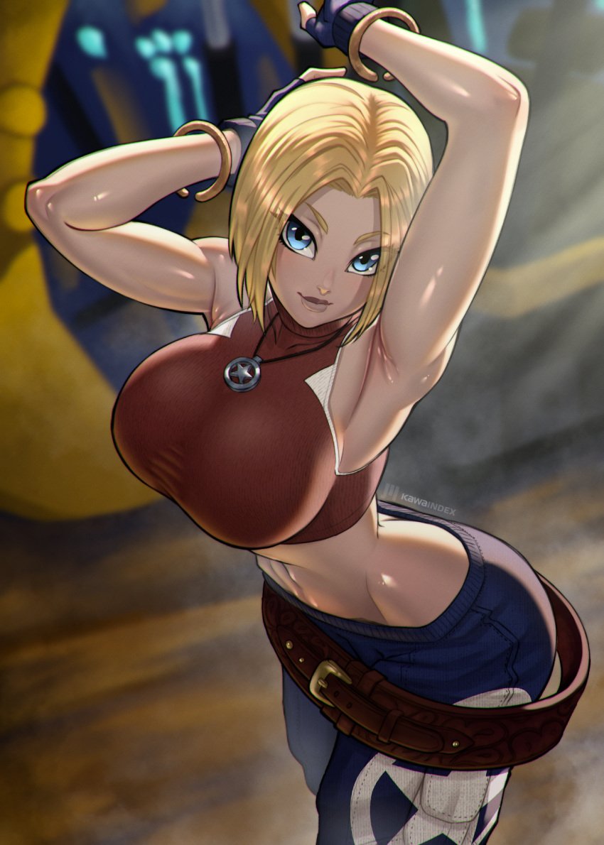 1girls ass bare_arms bare_shoulders big_breasts blonde_hair blue_eyes blue_mary clothed clothing color female female_focus female_only fully_clothed hi_res kawaindex king_of_fighters large_breasts light-skinned_female light_skin looking_at_viewer short_hair solo solo_female tagme thick_thighs