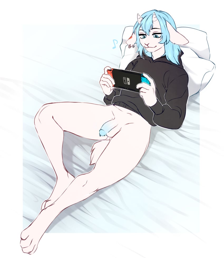 anthro balls blue_eyes blue_hair bottomless bottomless_anthro bottomless_male bovid caprine clothed clothing ear_piercing ear_ring femboy fur gaming genital_piercing genitals goat hair head_on_pillow hi_res hoodie hoodie_only humanoid_genitalia humanoid_penis letsdrawcats male mammal nintendo nintendo_switch penis penis_piercing piercing prince_albert_piercing ring_piercing rishy solo topwear topwear_only white_body white_fur