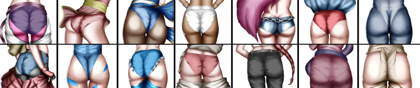 alternate_costume asian ass blonde_hair braid cammy_white capcom chun-li crimson_viper dark-skinned_female dark_skin dat_ass decapre denim_shorts elena_(street_fighter) female female_only final_fight from_behind highres human ibuki_(street_fighter) juri_han karin_kanzuki kunoichi leotard maki_genryusai makoto_(street_fighter) monkeypasta multiple_girls ninja panties pants_pull pantyhose pink_hair poison_(final_fight) rainbow_mika red_hair rose_(street_fighter) sakura_kasugano sash short_shorts shorts simple_background skirt_lift skirt_pull standing street_fighter street_fighter_alpha street_fighter_alpha_2 street_fighter_alpha_3 street_fighter_iii street_fighter_iii:_3rd_strike street_fighter_iii_(series) street_fighter_iv street_fighter_iv_(series) street_fighter_v take_your_pick tomboy ultra_street_fighter_iv upskirt wind_lift