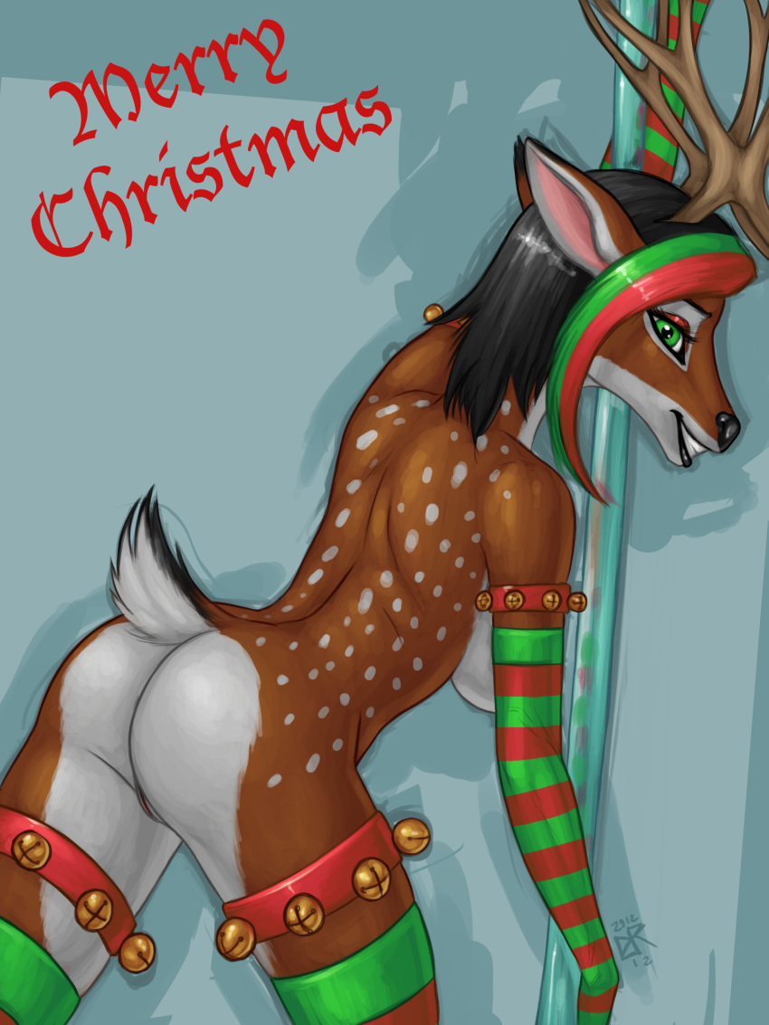 2012 anthro antlers arm_warmers ass bell breasts cervine clothing female furry green_eyes horn ldr legwear looking_at_viewer mammal merry_christmas pinup plain_background pole pose pussy reindeer short_tail sideboob smile solo spots spread_legs spreading thighhighs topless
