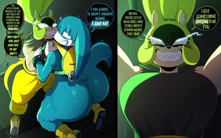 1boy 1femboy 1futa 2025 2d 2d_(artwork) alternate_ass_size alternate_body_type anthro anthro_on_anthro anthro_only ass big_ass big_butt blackwhiplash_(style) blue_body bwl dialogue duo english english_dialogue english_text femboy furry futa_on_male futadom futanari green_body huge_ass kitsunami_the_fennec male mobian_(species) sonic_(series) sonic_the_hedgehog_(idw) sonic_the_hedgehog_(series) speech_bubble surge_the_tenrec tenrec text yamathegod