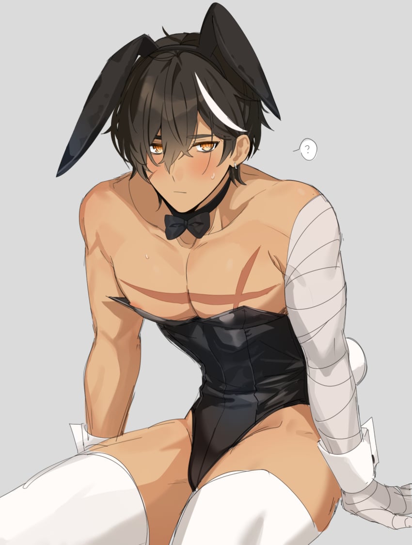 arm_bandages bandage bandaged_arm black_hair bowtie_collar bulge bunny_boy bunny_costume bunny_ears bunny_outfit bunny_tail chest_scar confused confused_look elsword embarrassed embarrassed_male flushed flushed_face male_only muscular muscular_chest muscular_male nexon nexon_(company) question_mark raven_(elsword) sa1008va scar short_hair sitting_down solo_male thighs white_streak yaoi yellow_eyes