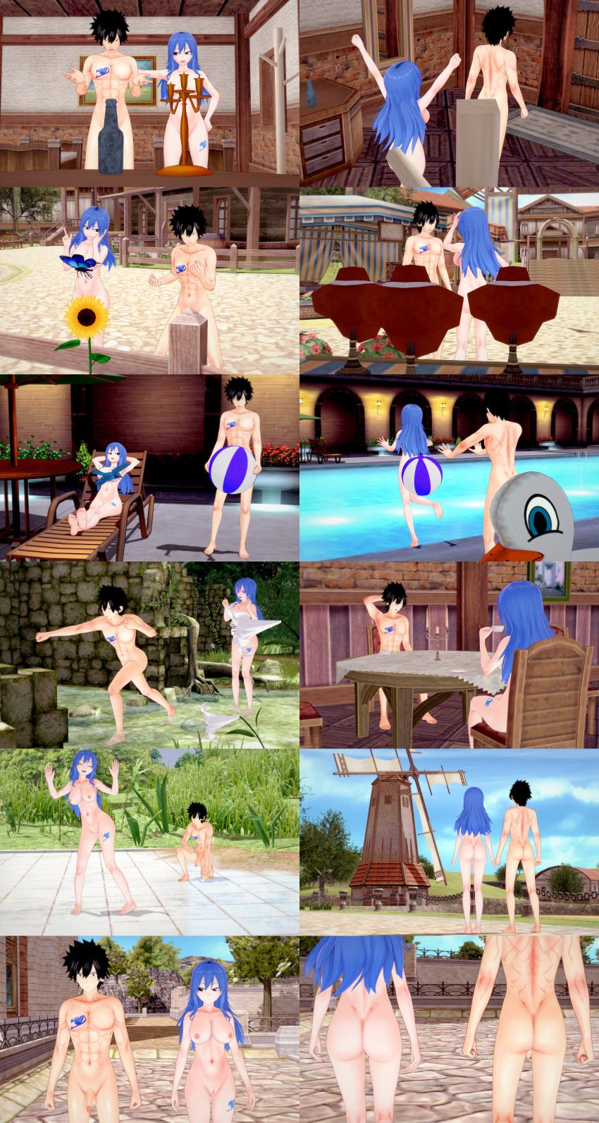 1boy 1girls abs ass barefoot beach beach_ball blue_hair breasts censored_to_uncensored completely_nude completely_nude_female completely_nude_male couch fairy_tail gray_fullbuster juvia_lockser koikatsu lamp muscular_male navel nipples nude nude_female nude_male nudist penis pool pussy retropunch short_hair swimming_pool tattoo