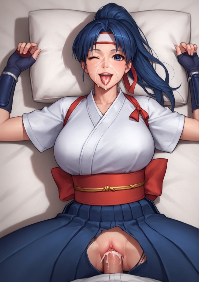 1boy 1girls ai_generated art_of_fighting blue_eyes blue_hair breasts clothed_female clothed_sex cum cum_in_mouth cum_in_pussy cum_inside cum_on_face gloves happy_sex headband headwear kasumi_todoh king_of_fighters large_breasts light-skinned_female light_skin looking_at_viewer looking_pleasured one_eye_closed open_mouth ponytail retro_ai_ecchi_dude skirt spread_pussy tagme tongue_out uncensored vaginal_penetration