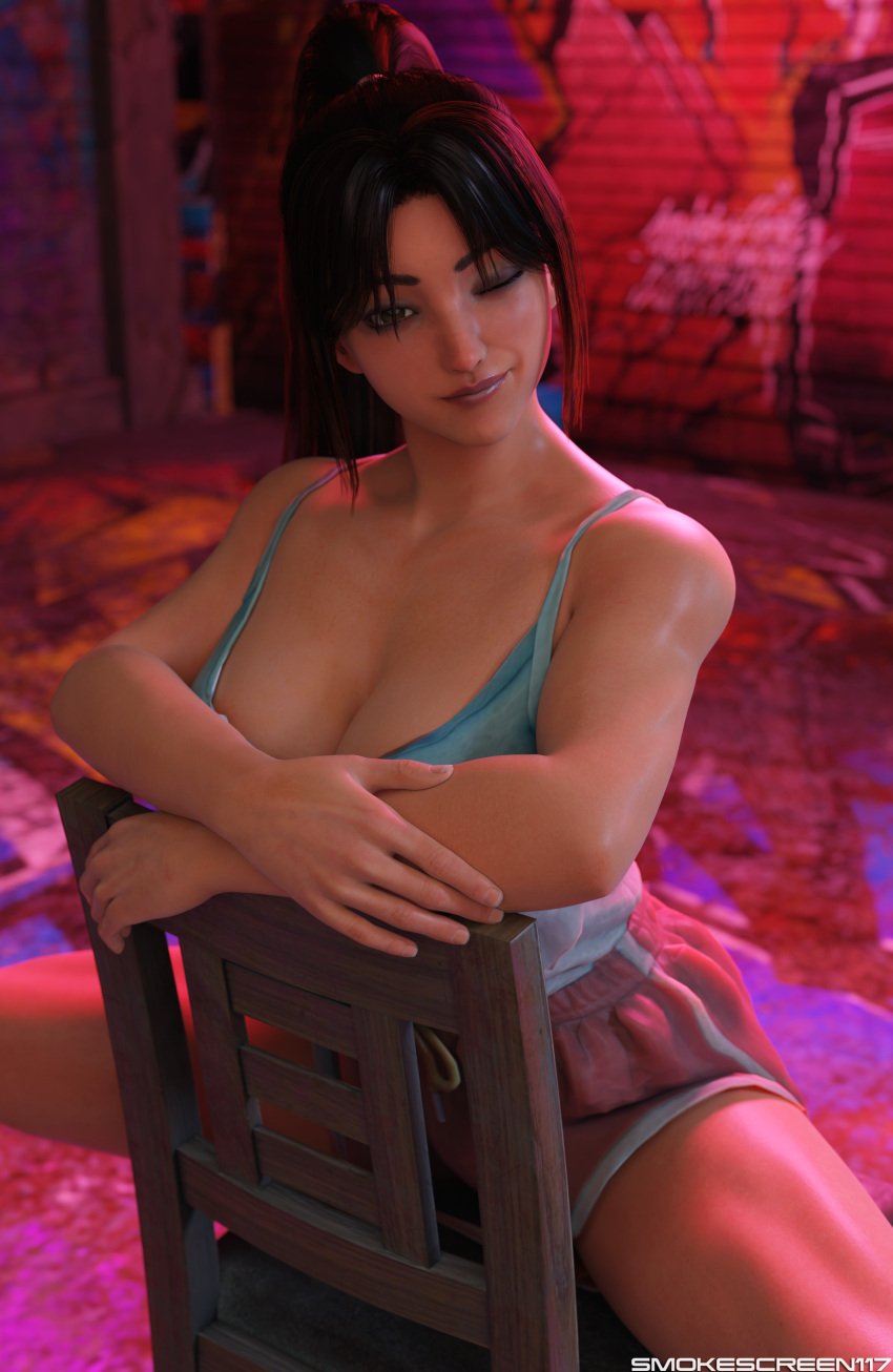 3d 3d_(artwork) alternate_costume asian asian_female athletic athletic_female big_breasts breasts brown_eyes brown_hair capcom cleavage fatal_fury japanese_female mai_shiranui pin-up ponytail sitting sitting_on_chair smokescreen117 snk solo solo_female solo_focus street_fighter street_fighter_6 wink