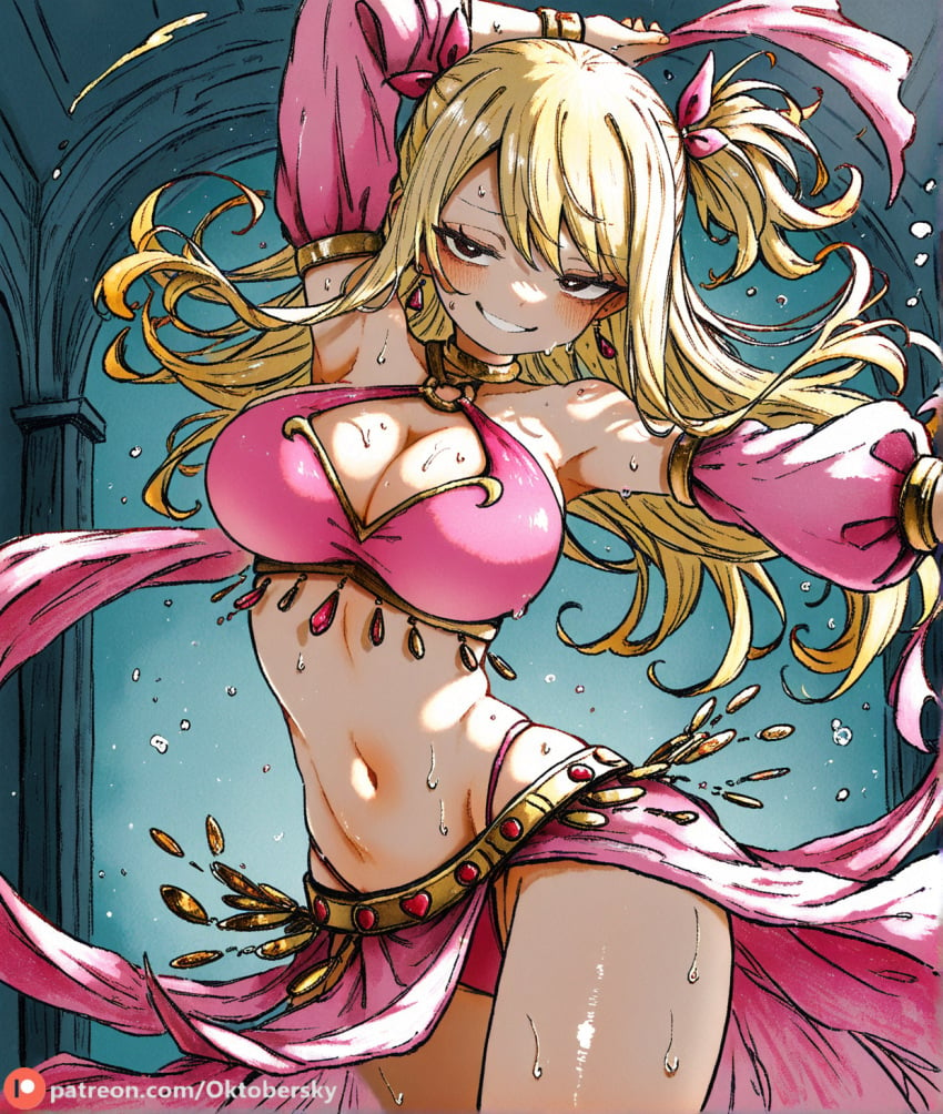 1girls ai_generated belly belly_dancer belly_dancer_outfit dancer_outfit dancing fairy_tail female harem_girl harem_outfit large_breasts loincloth lucy_heartfilia lucy_heartfilia_(belly_dancer) pink_panties pink_topwear silly silly_face solo