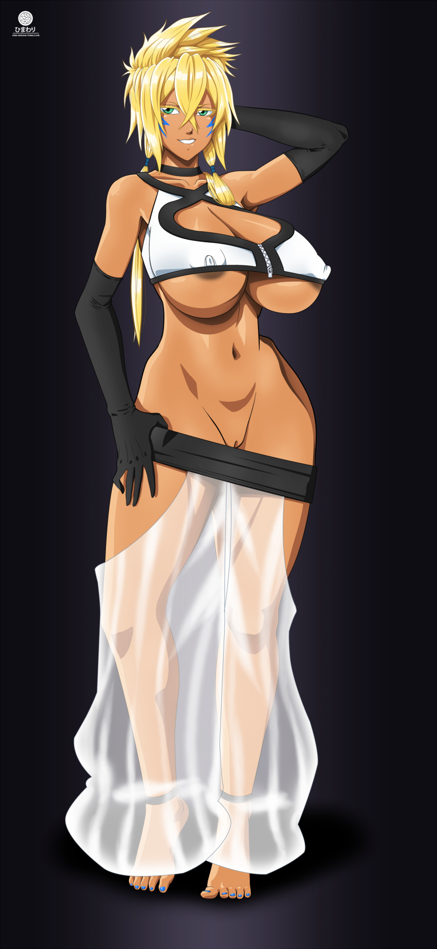 bleach blonde_hair breasts clothed clothing dark-skinned_female dark_skin green_eyes himawari large_breasts nipples pussy tia_harribel uncensored underboob