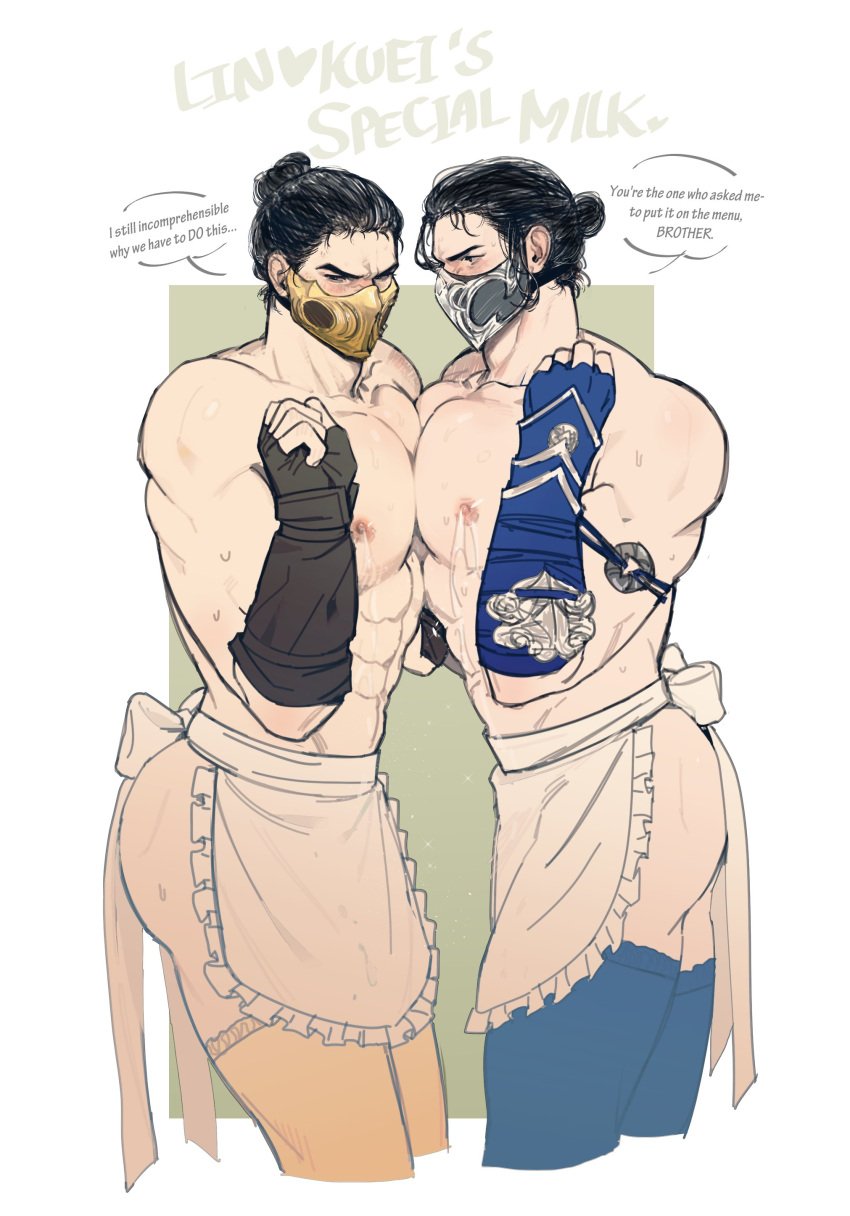 335291_ abs bara bara_tiddies bara_tits bi-han brother brothers bun_hair chinese english_text face_mask fingerless_gloves flushed flushed_face implied_incest kuai_liang maid_apron male_only massive_ass massive_chest mei_(335291_) milk_squirt mortal_kombat mortal_kombat_1_(2023) muscular muscular_male netherrealm_studios scorpion_(mortal_kombat) semi_incest stockings sub-zero touching_chest warner_brothers yaoi