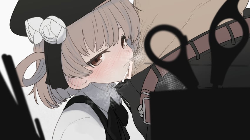 1boy beret black_ribbon blouse blush brown_eyes brown_hair censored cum cum_in_mouth fellatio female flower hat hatoba_tsugu hatoba_tsugu_(character) highres mole mole_under_eye oral ribbon scissors sumiyao_(amam) suspenders tsugu_(vtuber) virtual_youtuber white_blouse