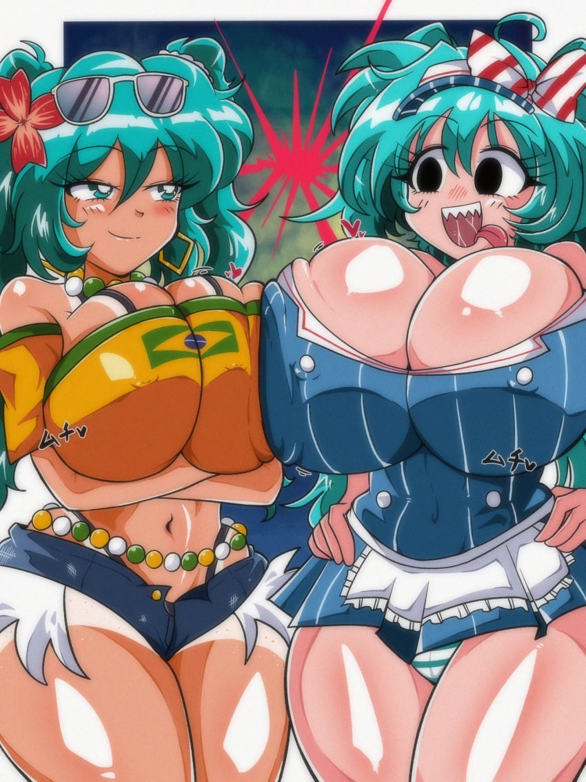 1990s_(style) 2girls big_breasts blue_hair brazilian_flag brazilian_mik brazilian_miku breasts cleavage clothed_female cyan_hair glasses_on_head hatsune_miku huge_breasts latin_american_hatsune_miku_(meme) light-skinned_female mesmerizer_(vocaloid) mesmerizer_miku miwijag1997 nipple_bulge panties sharp_teeth shorts tan_body thick_thighs thighs twintails vocaloid