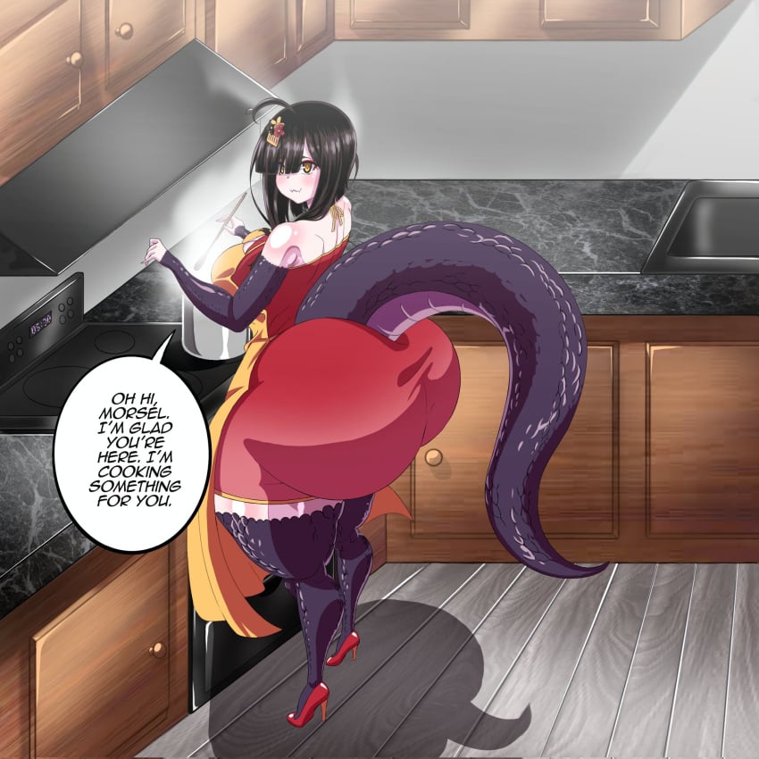 1girls apron ass ass_bigger_than_head ass_focus big_ass big_butt black_hair bottom_heavy bubble_butt clothing cooking curvaceous curvy curvy_figure cute_fangs dat_ass de_kurayami dialogue dress english_text female female_only fully_clothed hair_ornament heels huge_ass kitchen long_hair saavlewd snake snake_girl solo solo_female tagme tail talking_to_viewer text thick_thighs virtual_youtuber voluptuous voluptuous_female wide_hips yellow_eyes