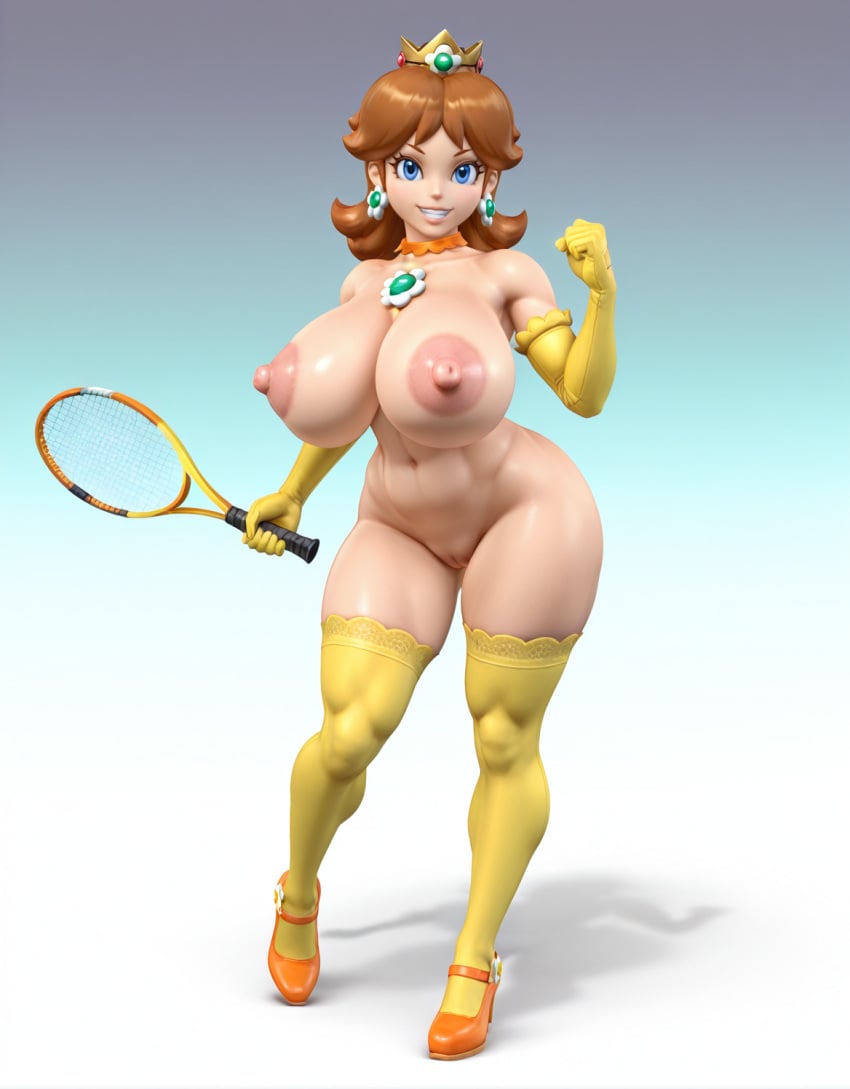 1girls 3d ai_generated artstyle_imitation big_breasts blue_eyes breasts brown_hair casual_exposure casual_nudity collar crown elbow_gloves female fist full_body gradient_background grin heels huge_breasts huge_nipples large_breasts long_hair looking_at_viewer mario_(series) nintendo nipples nude parody princess_daisy pussy shadow simple_background smiling smirk solo solo_female super_smash_bros. super_smash_bros._brawl tennis_racket thighs