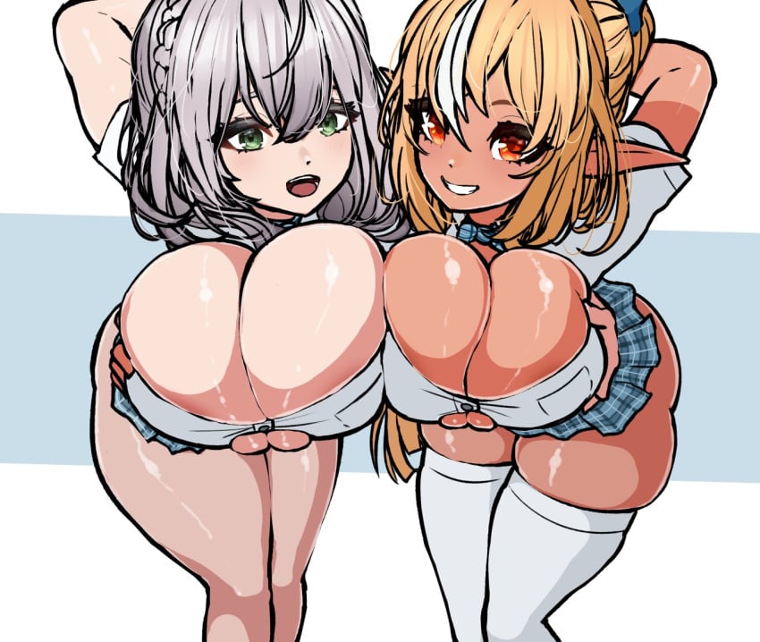 2girls ass bending_f bending_forward big_ass big_breasts big_butt blonde_hair blush breast_play breasts clothed clothes clothing collaborative commentary_request curvy curvy_female dark-skinned_female dark_skin elf elf_ears elf_female elf_girl eyelashes female green_eyes hi_res highres hololive hololive_fantasy hololive_japan huge_ass huge_breasts human humanoid large_breasts light-skinned_female looking_at_viewer multiple_girls pointy_ears ponytail presenting presenting_breasts red_eyes school_uniform schoolgirl seductive shiranui_flare shirogane_noel short_hair silver_hair smile smiling smiling_at_viewer thick_thighs thighhighs virtual_youtuber voluptuous vtuber xelsword