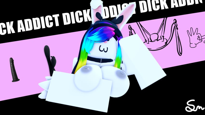 1girls :3 bdsm_harness degradation degradation_text dildo rainbow_hair roblox robloxian solo solo_female white_fur white_skin