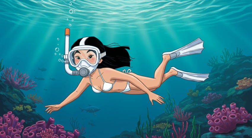 1girls ai_generated air_bubbles asian asian_female bikini breasts bubbles cleavage disney diving_mask fa_mulan female fins flippers jacobsantos30 looking_at_viewer mask mulan navel ocean sea side-tie_bikini small_breasts snorkel solo swimming swimming_fins swimsuit underwater water white_bikini white_swimsuit