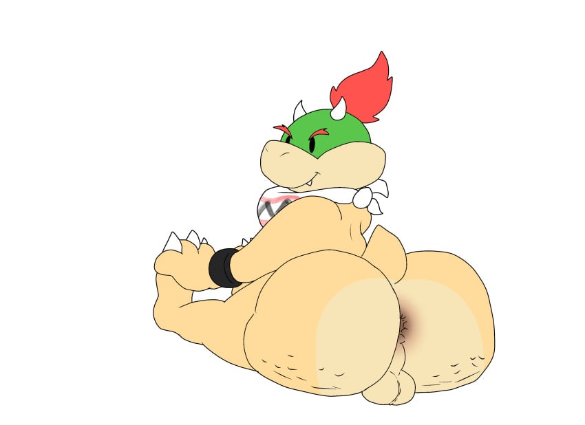 1boy 2025 2_horns anthro anus ass balls big_butt black_bracelet black_eyes bowser_jr. bracelet claws digital_media_(artwork) genitals green_body green_scales hair hi_res horn jewelry kerchief koopa looking_back male mario_(series) multicolored_body multicolored_kerchief multicolored_scales nintendo pupsnbuns purple_kerchief rear_view red_hair red_kerchief scales scalie short_tail simple_background sitting smile solo tail tan_body tan_nose tan_scales thick_thighs three-quarter_view toe_claws white_background white_claws white_horn white_kerchief white_toe_claws yellow_body yellow_scales yellow_tail