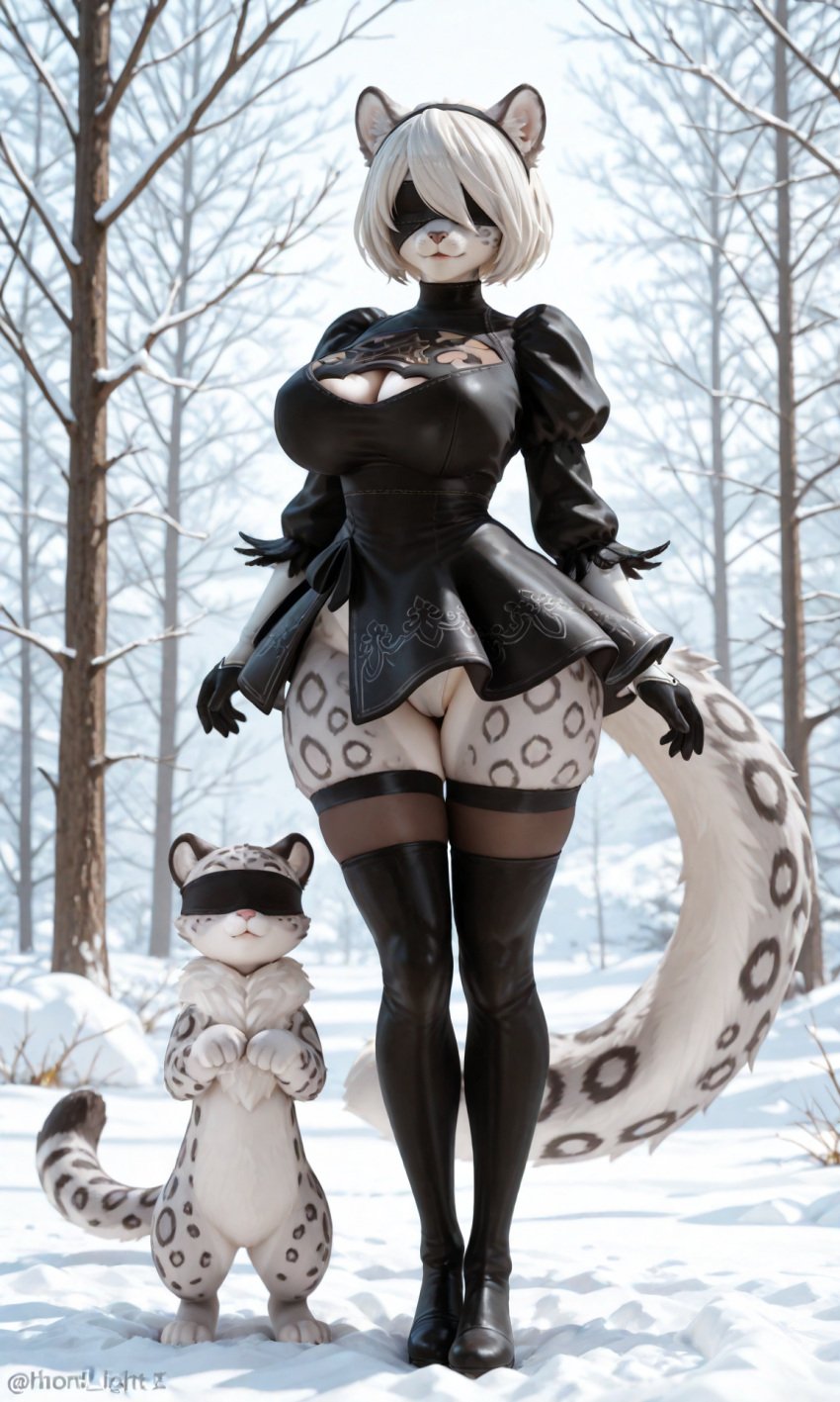 ai_generated animal_ears anthro big_breasts blindfold chronoai furry humanoid large_breasts long_legs nier nier:_automata nier_(series) perfect_body skirt small_waist snow snow_leopard tail thick thick_thighs thighhighs white_hair yorha_2b yorha_2b_(mayosplash)