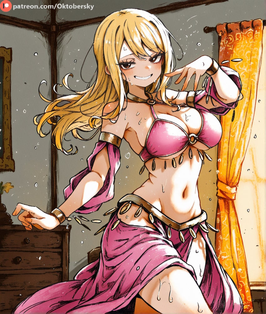 1girls ai_generated belly belly_dancer belly_dancer_outfit dancer_outfit dancing fairy_tail female harem_girl harem_outfit large_breasts loincloth lucy_heartfilia lucy_heartfilia_(belly_dancer) pink_panties pink_topwear silly silly_face solo