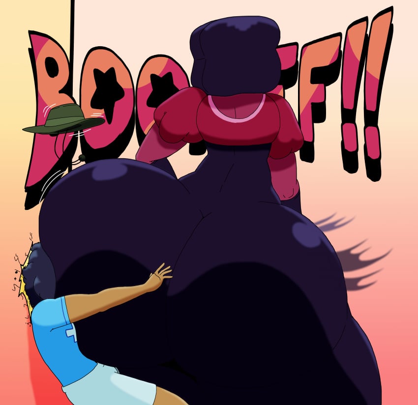 1boy afro against_wall ass_attack ass_press cailauniverse dark_skin dumptruck_ass female from_behind garnet_(steven_universe) gigantic_ass height_difference steven_universe thick_ass