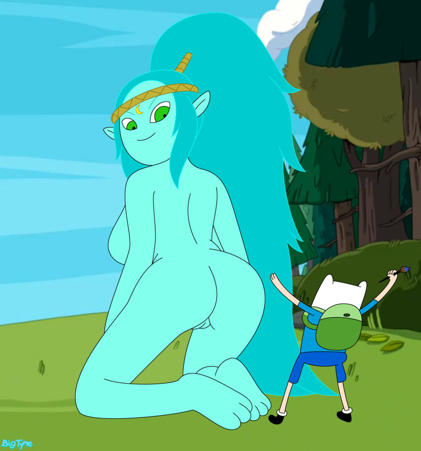 adventure_time ass backpack bag bigtyme blonde_hair blue_hair blue_skin breasts canyon_(adventure_time) cartoon_network casual edit female female_focus finn_the_human giantess green_eyes human macro male pale_skin pussy source_request year_request