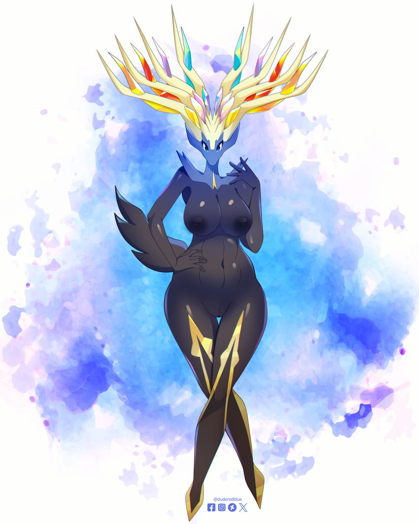 1girls 2025 5_fingers absurd_res anthro antlers areola areolae artist_name belly_button big_antlers big_breasts black_body black_fur black_nipples blue_body blue_eyes blue_fur breasts completely_naked completely_naked_female completely_nude completely_nude_female crossed_legs curvaceous curvaceous_female curvaceous_figure curvy curvy_female curvy_figure deer digital_art digital_drawing_(artwork) digital_media digital_media_(artwork) duderedblue eyelash eyeshadow female furry game_freak generation_6_pokemon glistening glistening_body glistening_breasts glistening_fur hand_on_hip hi_res horns hourglass_figure legendary_pokemon looking_at_viewer mammal multicolored_body multicolored_fur naked naked_female navel nintendo nipples nude nude_female pokemon pokemon_(species) pussy simple_background solo sparkle sparkling_eyes thick_thighs two_tone_body two_tone_fur vagina voluptuous voluptuous_female white_background wide_hips xerneas