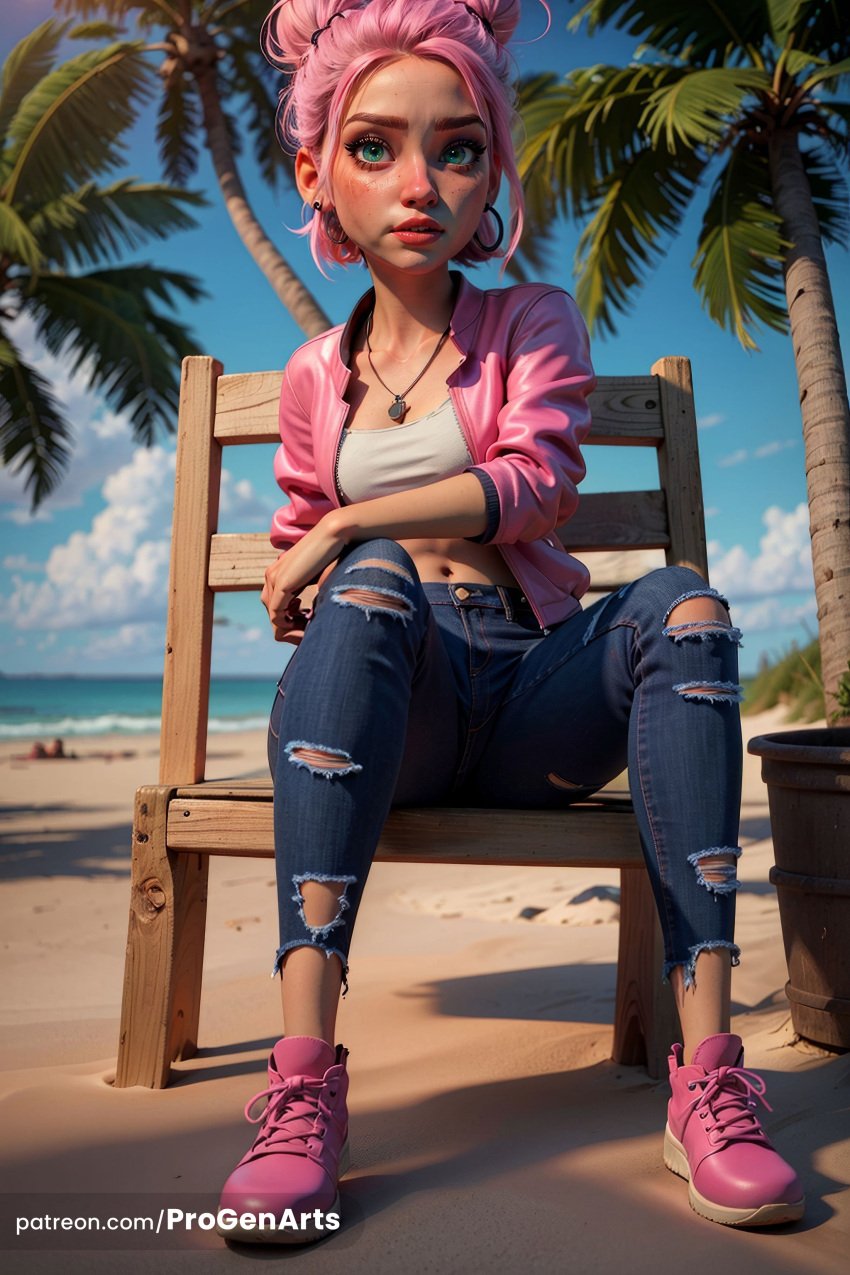 1girls ai_generated artist_name beach blue_sky blurry blurry_background breasts brooklynn_(jurassic_world) cloud crop_top day denim earrings freckles full_body green_eyes hair_bun hi_res hoop_earrings jacket jeans jewelry jurassic_world jurassic_world_camp_cretaceous jurassic_world_chaos_theory lips looking_at_viewer makeup mascara medium_breasts midriff navel necklace netflix nose ocean open_clothes open_jacket outdoors palm_tree pants pendant pink_footwear pink_hair pink_jacket progenarts sand shadow shirt shoes short_hair single_hair_bun sitting sky sneakers solo strapless torn_clothes torn_jeans torn_pants tree tube_top watermark web_address white_shirt