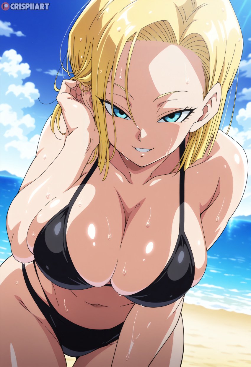 4k adjusting_hair ai_generated android_18 beach bikini blonde_hair blue_eyes bob_cut cleavage crispiiart dragon_ball dragon_ball_z large_breasts leaning_forward outdoors seductive_smile short_hair sky smile upscaled wet wet_body