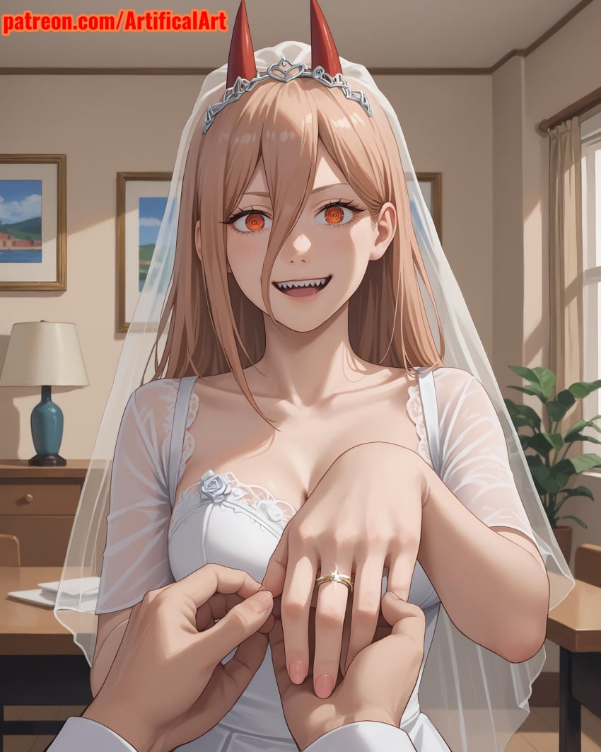 1girls ai_generated anime_girl artifical_art blonde_hair bride chainsaw_man demon_girl demon_horns hair_between_eyes horns light-skinned_female long_hair orange_eyes power_(chainsaw_man) red_horns sharp_teeth