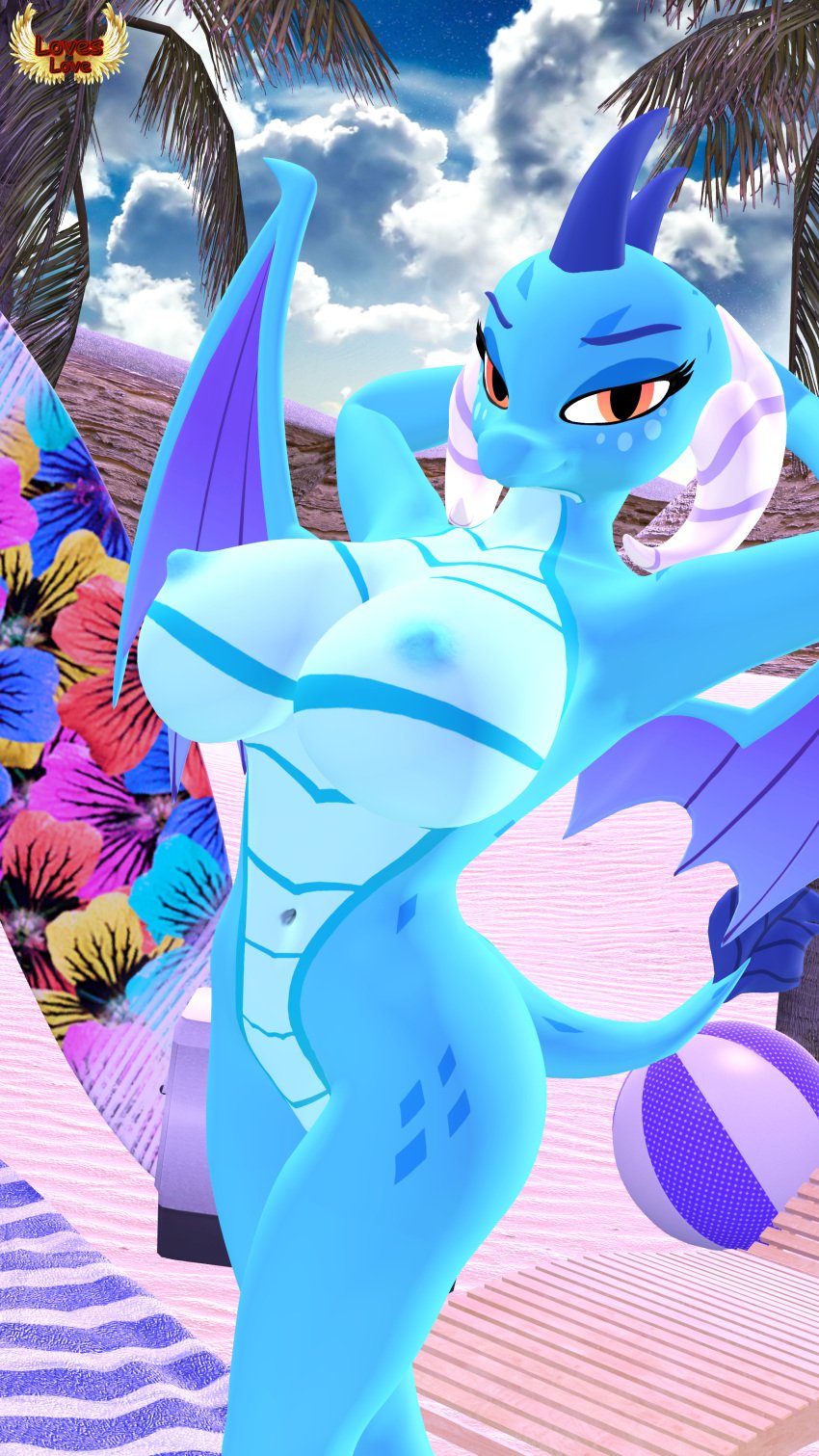 2019 3d 4k 9:16 absurd_res anthro anthrofied areola ball beach beach_ball breasts digital_media_(artwork) dragon female friendship_is_magic hasbro hi_res horn inflatable loveslove membrane_(anatomy) membranous_wings my_little_pony mythological_creature mythological_scalie mythology nipples non-mammal_breasts nude pose princess_ember_(mlp) scalie sea seaside sky solo source_filmmaker_(artwork) tail text towel water wings