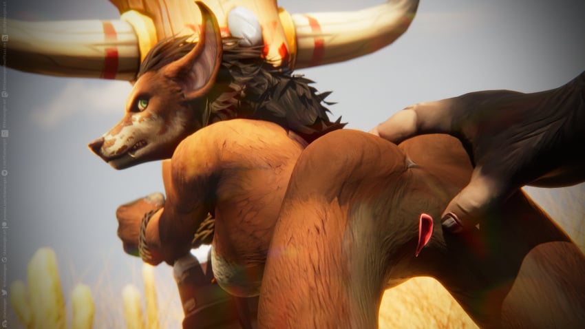 2024 3d absurd_res anthro anus autodesk_3ds_max_(artwork) blizzard_entertainment bound bovid bovine breasts canid digital_media_(artwork) duo female genitals hi_res lahja mammal nipples nude outside pussy spread_pussy spreading tauren text thatworgen url warcraft watermark werecanid werecreature widescreen worgen