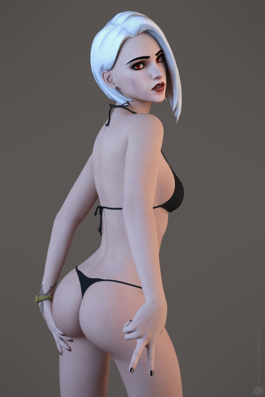 1girls 3d 3d_(artwork) 3d_model american ashe_(overwatch) black_fingernails black_swimwear blizzard_entertainment bracelet brown_background bubble_ass bubble_butt caucasian caucasian_female cg cg_art cgi cgi_girl elizabeth_caledonia_ashe female female_only fit fit_female looking_at_viewer medium_breasts medium_hair missally overwatch overwatch_2 red_eyes red_lips red_lipstick seductive seductive_body seductive_look slim slim_female slim_girl standing swimwear tattoo tattoo_on_arm tattooed tattooed_arm tattooed_female touching_butt white_hair