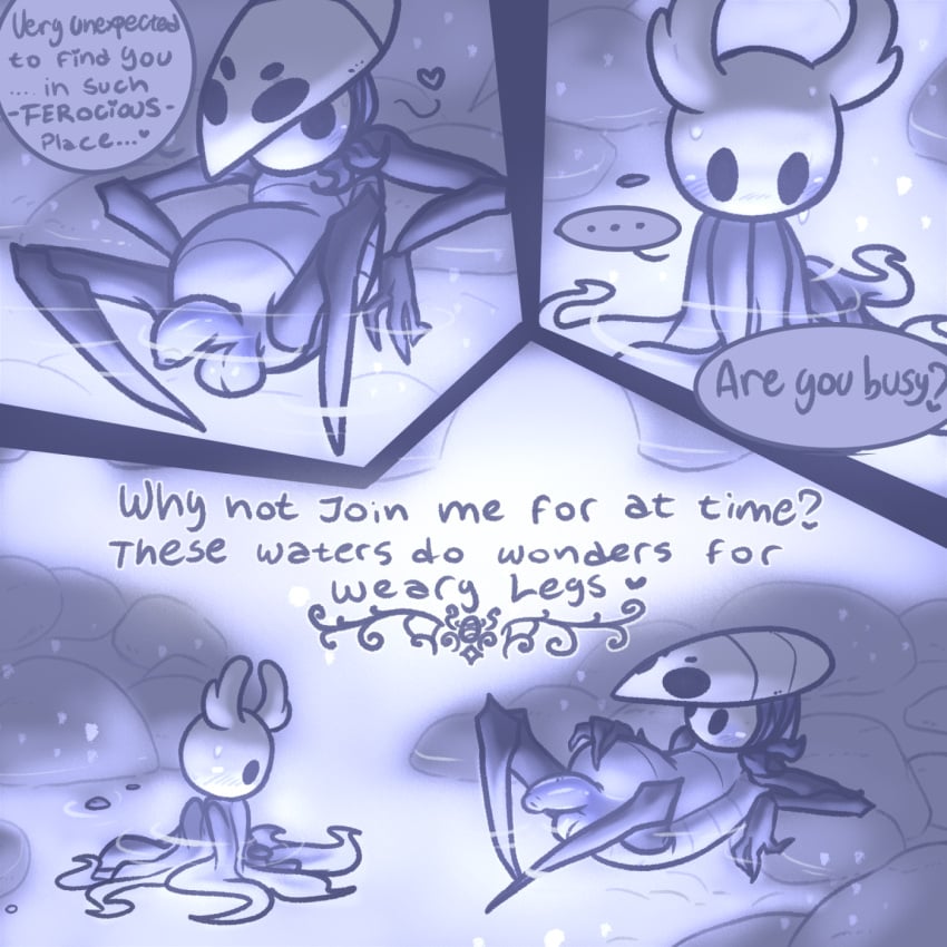 1:1 aipeco18 arthropod balls blush comic dialogue english_text genitals heart_symbol hi_res hollow_knight humanoid_genitalia humanoid_penis looking_at_genitalia looking_at_penis male non-mammal_balls partially_submerged penis quirrel team_cherry text the_knight_(hollow_knight) vessel_(species) yaoi