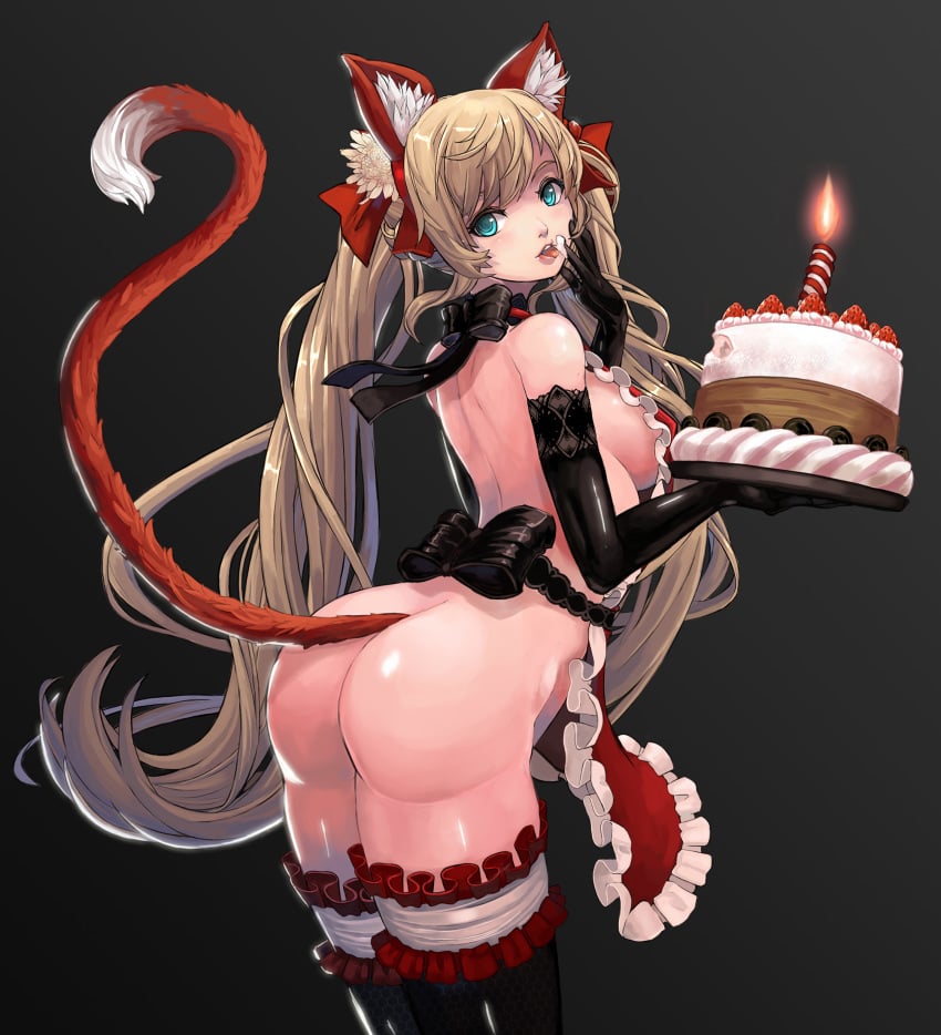 absurdres animal_ears apron arched_back ass bare_shoulders black_background black_legwear blonde_hair blue_eyes breasts cake candle cat_ears cat_tail elbow_gloves female finger_to_mouth food gloves highres large_breasts long_hair looking_at_viewer naked_apron original parted_lips qbspdl raised_tail solo tail thighhighs tied_hair twintails very_long_hair