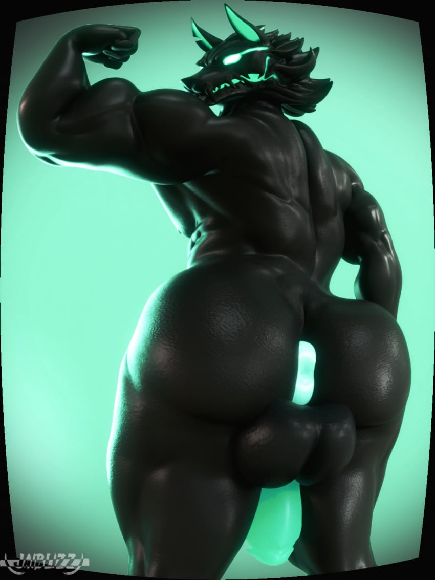 animal_humanoid anthro anus ass athletic athletic_anthro athletic_male balls big_balls big_butt big_penis black_body black_fangs bright_eyes canid canid_demon canid_humanoid canine cerberus cerberus_(fortnite) demon empty_eyes epic_games european_mythology flexing flexing_bicep fortnite fortnite:_battle_royale genitals glowing glowing_genitalia glowing_penis greek_mythology green_anus green_eyes hellhound hi_res humanoid jaiblizz looking_back low-angle_view male mammal mammal_humanoid multi_head multicolored_body muscular mythological_canine mythological_creature mythology nude nude_anthro penis puffy_anus rear_view simple_background solo