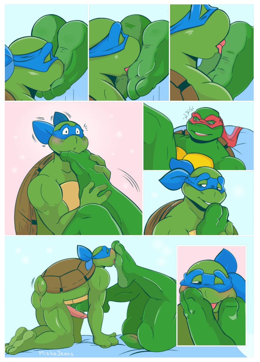 2_toes 3_fingers absurd_res all_fours anthro anus ass bent_legs blush brother_(lore) brothers_(lore) closed_eyes comic digital_media_(artwork) duo erection feet fingers foot_fetish foot_lick foot_play footjob genitals hi_res incest_(lore) leonardo_(tmnt) licking lying male male/male mishajeans on_back one_eye_closed one_page_comic open_mouth penis plantigrade raised_hips raphael_(tmnt) reptile scalie sex shell sibling_(lore) simple_background smile soles tail teenage_mutant_ninja_turtles teeth toes tongue tongue_out turtle