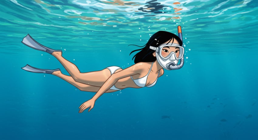 1girls ai_generated air_bubbles asian asian_female bikini breasts bubbles cleavage disney diving_mask fa_mulan female fins flippers jacobsantos30 mask mulan navel ocean sea small_breasts snorkel solo swimming swimming_fins swimsuit underwater water white_bikini white_swimsuit