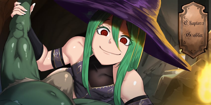 2boys blowjob_gesture dom_pov english_text gay goblin green_(artist) green_(original) green_eyes green_skin imminent_fellatio loincloth male male/male male_focus male_only male_pov oc original_character pov pov_male red_eyes smile witch_hat yaoi