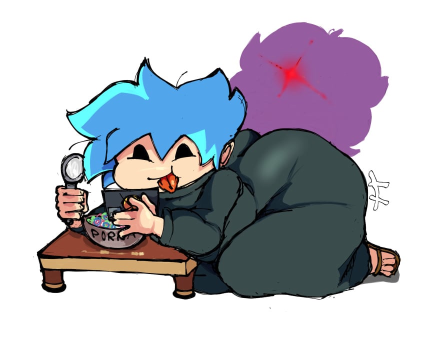 behind_another big_ass blue_hair boyfriend_(friday_night_funkin) cereal crossdressing femboy femboyfriend friday_night_funkin garfieldgriffin(artist) girlfriend_(friday_night_funkin) human red_eyes sandals sneaky toes voluptuous_male white_background