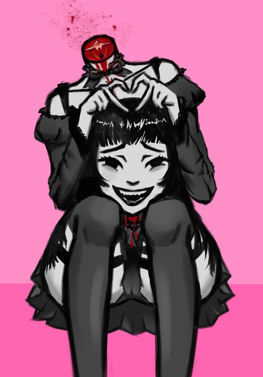 1girls ass black_dress black_eyes black_hair black_panties black_skirt blood clothed death decapitation gothic guro headless heart_symbol holding_head huge_ass juxtapose11 panties pussy showing_teeth sitting skirt smiling smiling_at_viewer snuff solo teeth thigh_strap upskirt