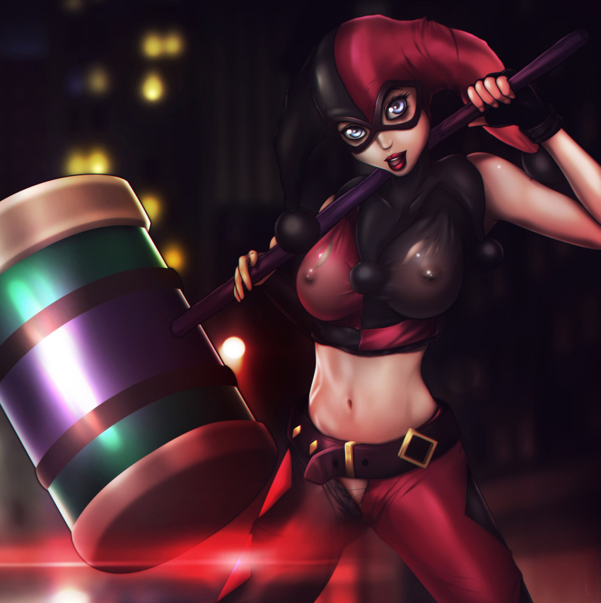 artist_request batman_(series) belt blue_eyes breasts bulging clown costume dc female female_only harley_quinn hat human looking_at_viewer mallet mask navel night nipples no_underwear open_mouth posing ranged_weapon see-through smiling solo standing weapon