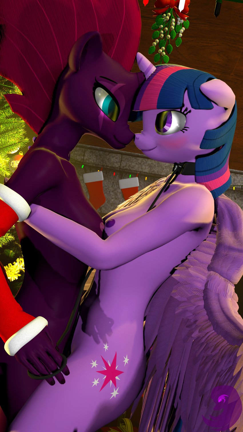 2017 3d 9:16 absurd_res alicorn anthro anthrofied areolae blush breasts collar digital_media_(artwork) duo equid equine female friendship_is_magic hasbro hi_res horn kissing_bough leash mammal mistletoe my_little_pony my_little_pony:_the_movie_(2017) mythological_creature mythological_equine mythology nipples nose_kiss pink_hair plant purple_eyes purple_hair tempest_shadow_(mlp) thevioletghost twilight_sparkle_(mlp) unicorn wings