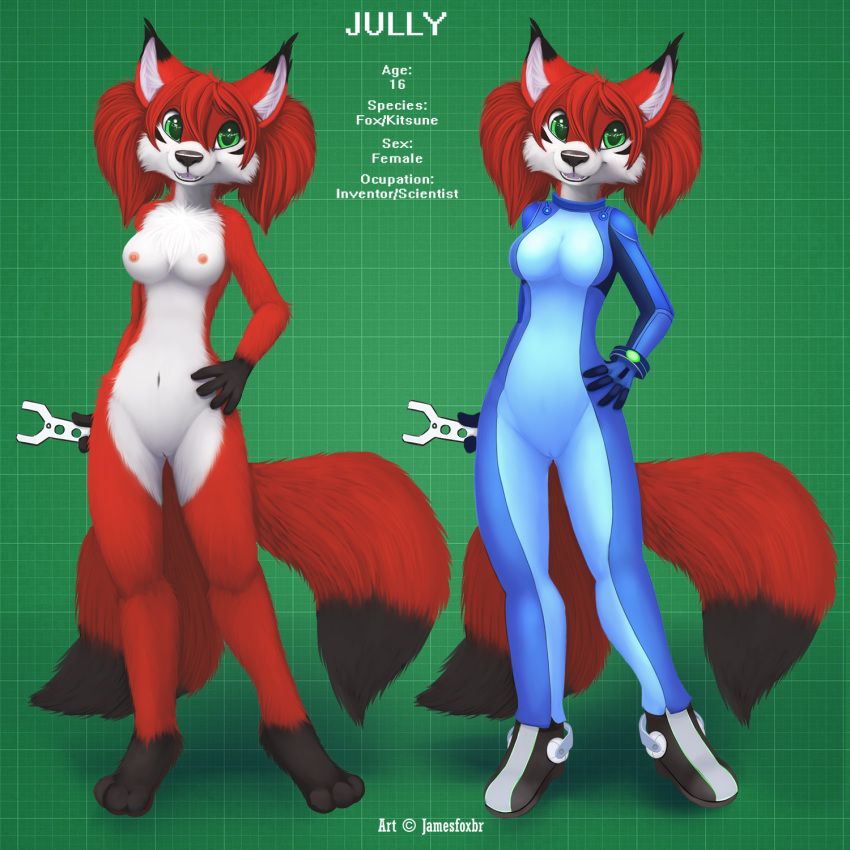 2014 anthro blue_eyes breasts canine clothing female fox fur hair happy jamesfoxbr jumpsuit looking_at_viewer mammal multiple_tails nipples nude open_mouth plain_background pussy red_fur smile solo standing teeth tongue tool young