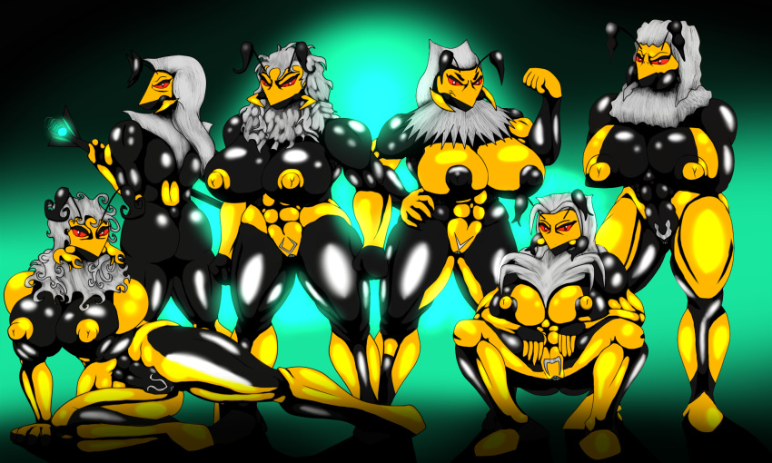 abs antennae arthropod ass big_breasts breasts conchapeluda dark_skin female hair insects muscles muscular_female nipples nude pubes red_eyes saesar sibling wasp white_hair wide_hips yellow_skin