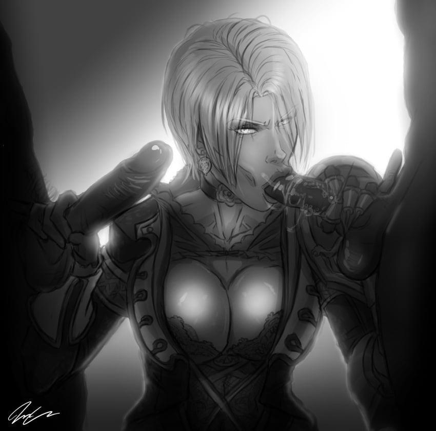 1girls 2boys :>= angry_dragon armor blowjob bra_slip breasts choker claw cleavage cleavage_cutout clothed_female_nude_male clothes coat corset dark-skinned_male dark_skin double_handjob earrings elbow_gloves fellatio female gloves greyscale hair_over_one_eye handjob highres huge_breasts human interracial isabella_valentine jewelry lips looking_at_viewer male monochrome namco nose nude oral oral_penetration oral_sex penis pinky_out pubic_hair puffy_sleeves pumpkinsinclair saliva short_hair solo_focus soul_calibur soul_calibur_v straight testicles threesome uncensored unseen_male_face