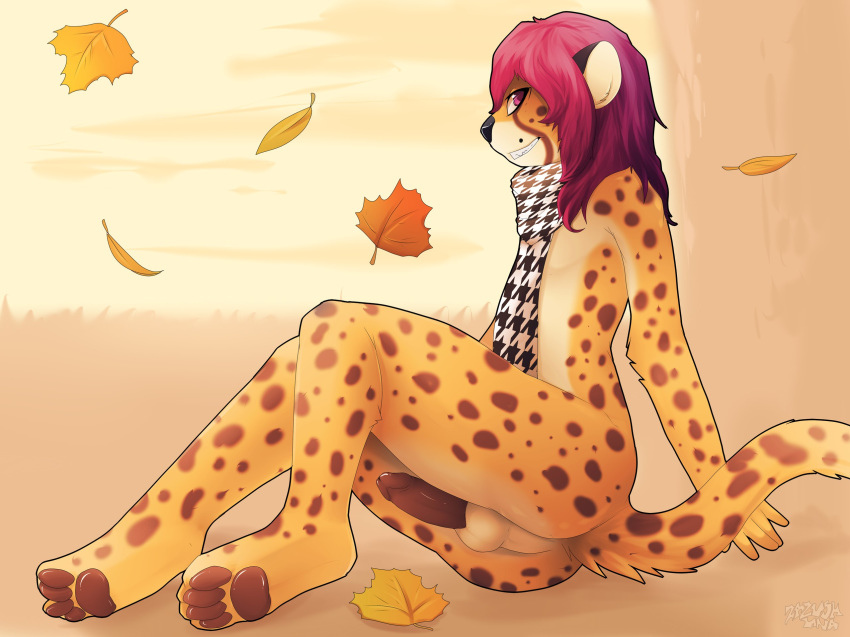 anthro autumn balls cheetah feline fur furry girly grin leaves loki_(reizo) male mammal nude outside paws penis playful public scarf spots toes zazush-una