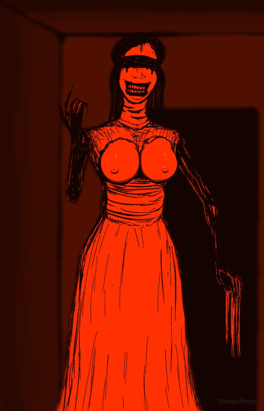 anthro big_breasts blindfold breasts clothing doorway dress female gore grin humanoid inviting long_dress looking_at_viewer monochrome monster monster_girl_(genre) monstrous_humanoid nightmare_fuel nipples nude slit_throat smile stoopedhooy tall teeth torn_clothing undead