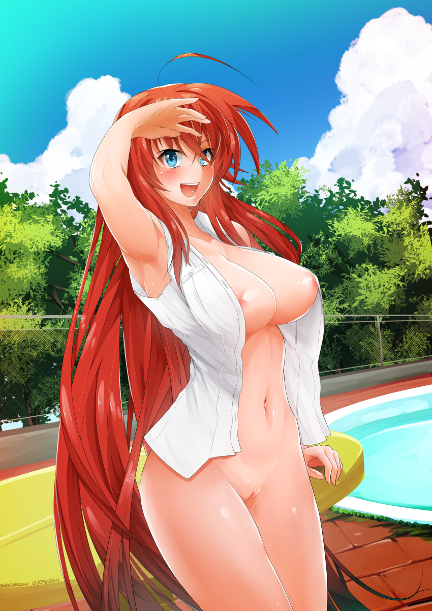 absurdres ahoge areola_slip areolae armpits blue_eyes blush bottomless breasts curvy ekalos female high_school_dxd highres large_breasts navel nipple_slip nipples open_clothes open_mouth pointy_breasts pool puffy_nipples pussy red_hair rias_gremory skinny_dipping smile solo standing tongue very_long_hair